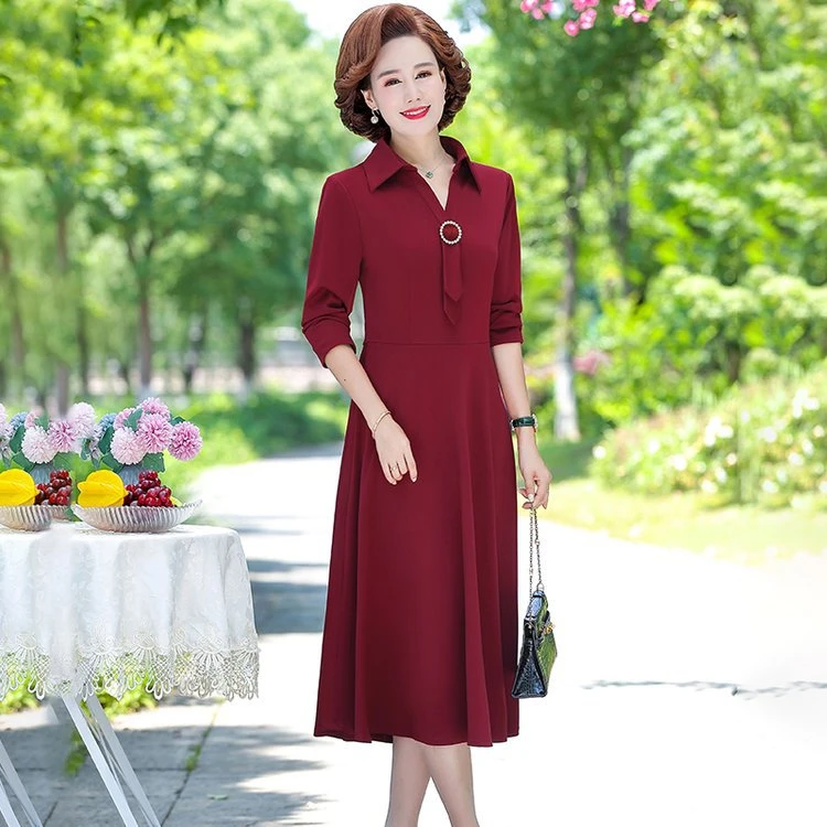 妈妈秋装婚宴连衣裙中年春秋结婚礼服纯色喜婆婆翻领裙子新款长袖
