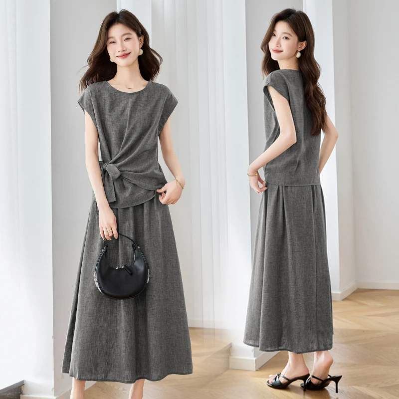 时尚休闲套装裙女2025年夏季新款设计感褶皱百搭高腰半身裙两件套