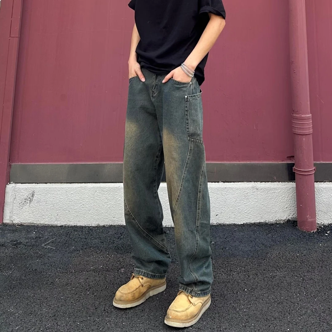 美式高街弯刀牛仔裤男款夏季潮牌痞帅炸街裤子cleanfit直筒微喇裤