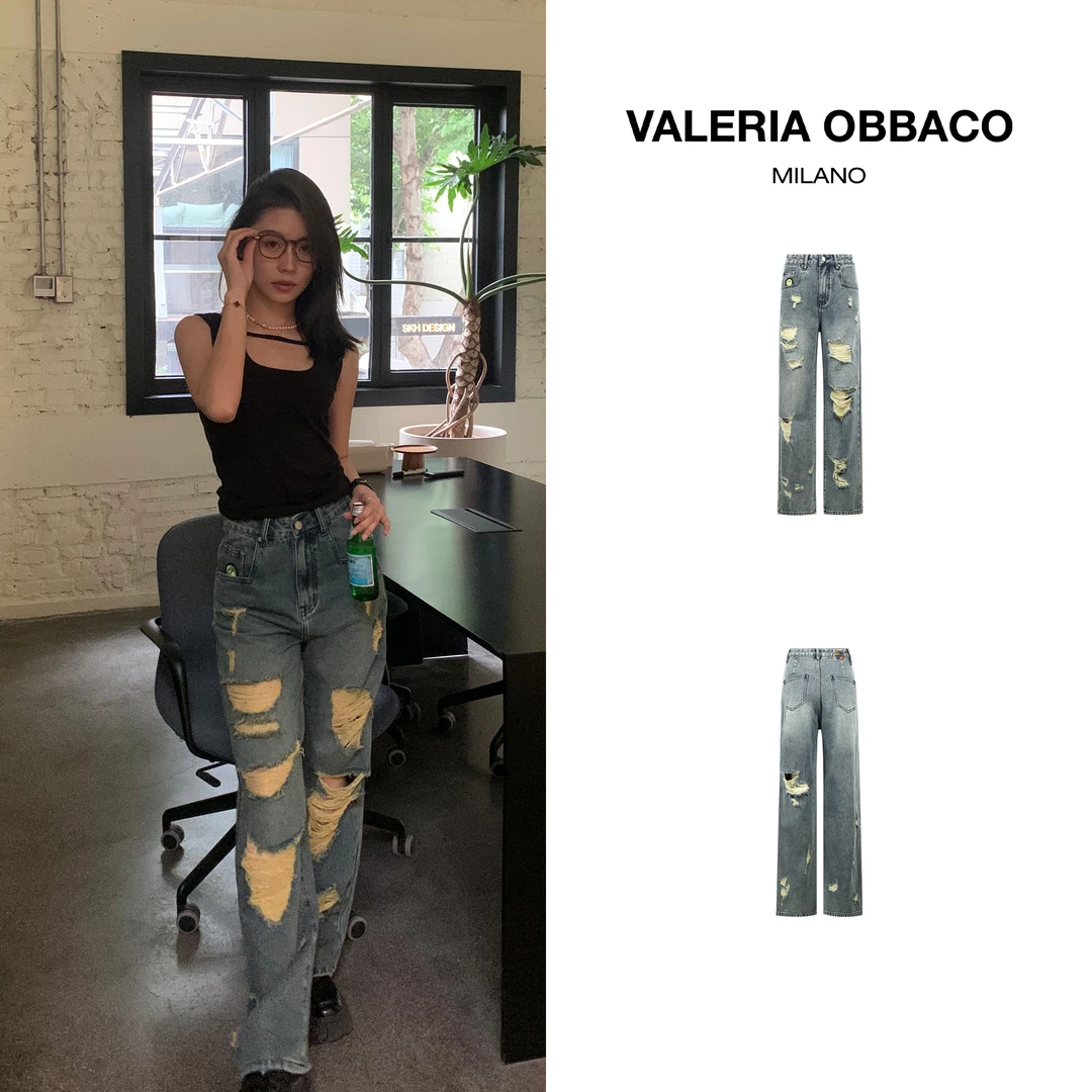 VALERIAOBBACO/瓦莱丽娅 奥贝科复古怀旧水洗破洞牛仔裤