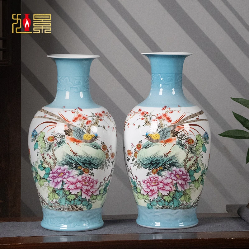 粉彩花鸟对瓶景德镇陶瓷器花瓶中式客厅玄关博古架电视柜摆件大号
