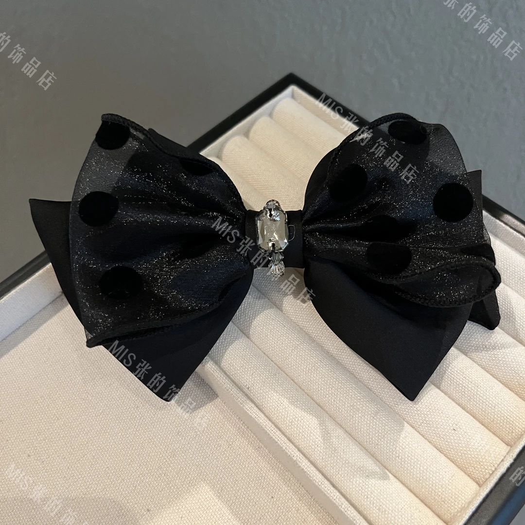 帛妃  韩国原创欧根纱波点手工缝制水晶蝴蝶结弹簧夹发饰顶夹头饰