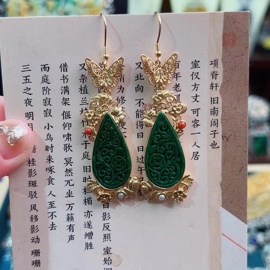 翡翠银S925镶嵌挂件耳环