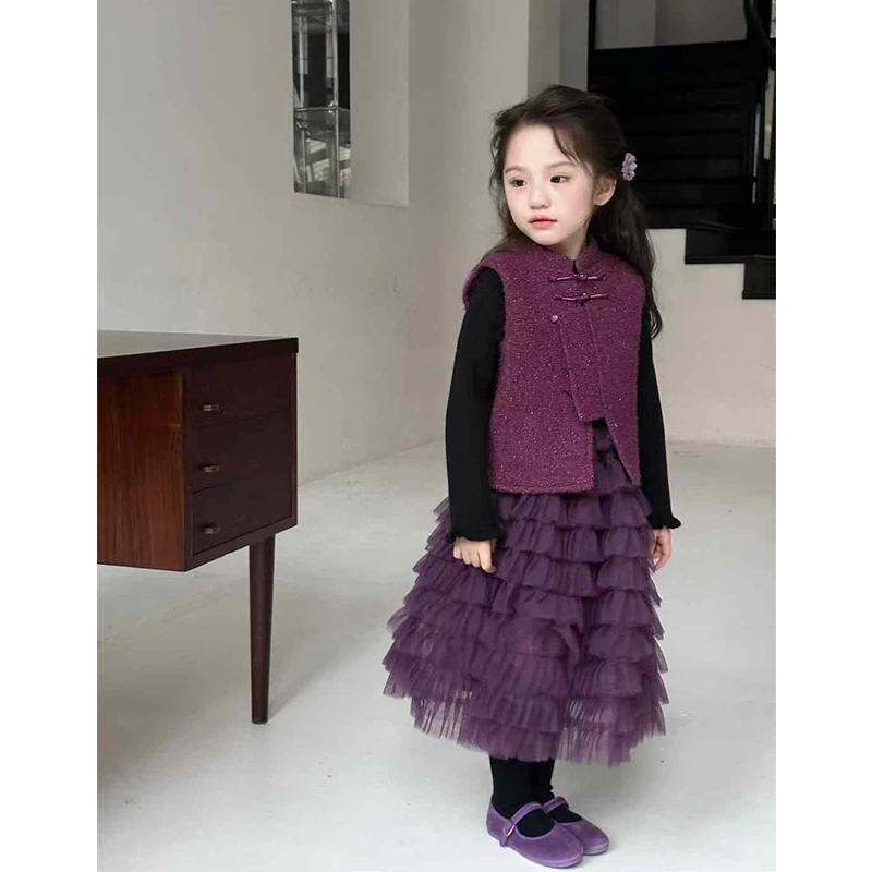 现货壹妈女童新中式紫色连衣裙秋冬宝宝拜年服儿童洋气网纱公主裙