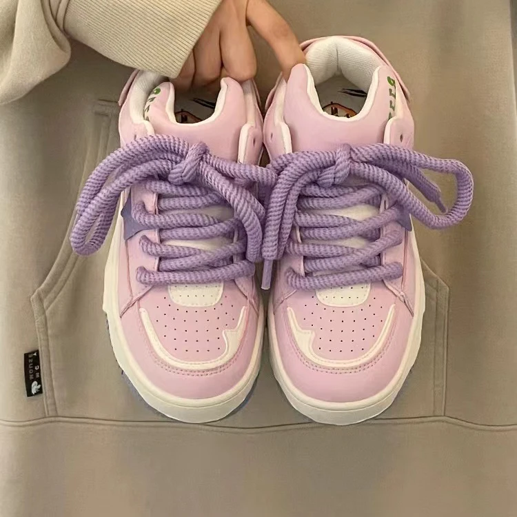 A102紫粉【小恶魔】厚底运动板鞋女2024新款百搭韩版运动面包鞋女