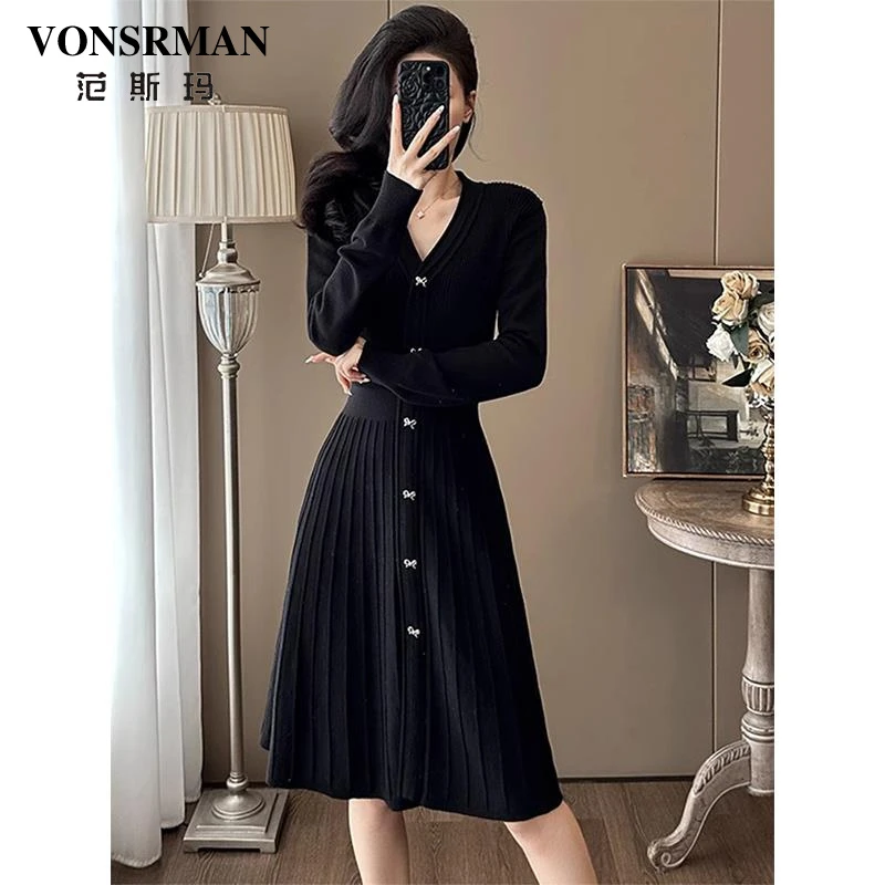 黑色针织V领洋装女士秋冬季新款毛衣内搭收腰打底气质裙子连衣裙