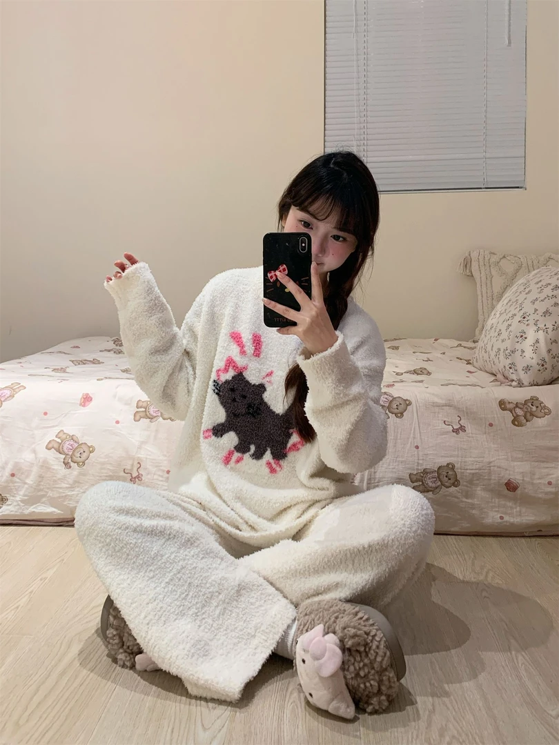 甜美可爱猫咪半边绒睡衣女秋冬新款保暖珊瑚绒加绒加厚家居服套装