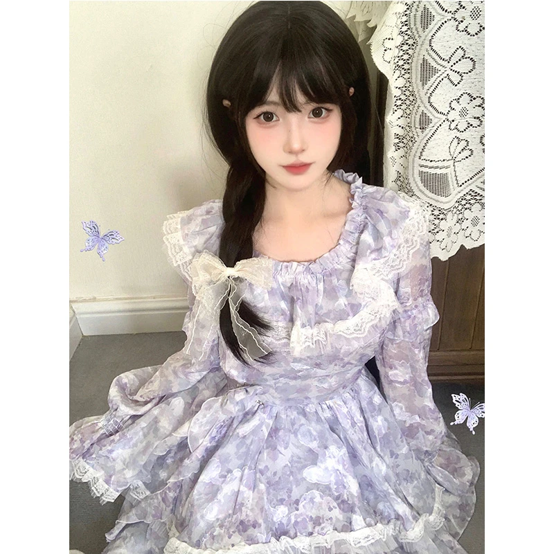 1138法式浪漫紫色拼接蕾丝碎花连衣裙女夏季超仙甜美在逃公主裙