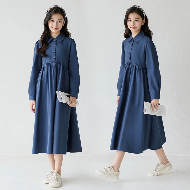 女童学院风连衣裙春秋中大童长袖衬衫裙初中生A字裙童装秋装裙子