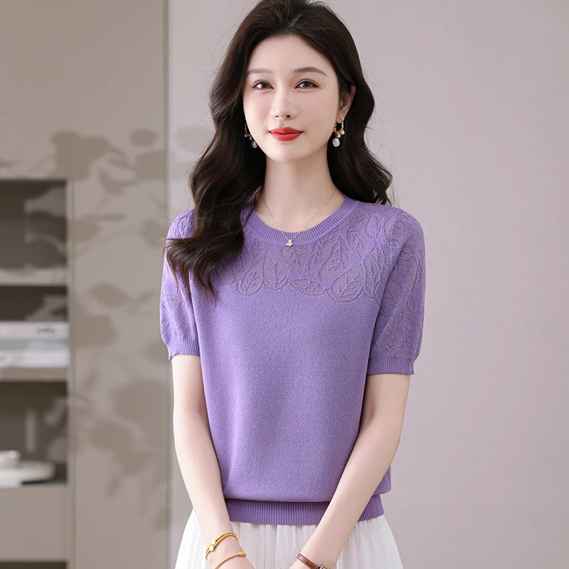 品牌桑蚕丝高贵短袖t恤洋气女冰丝上衣夏装薄款针织小衫宽松上衣