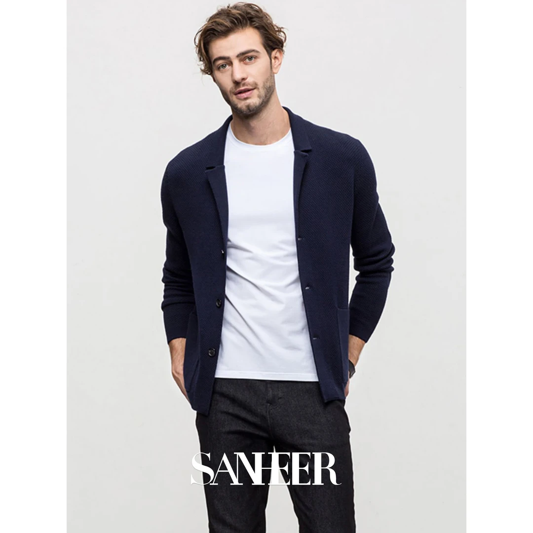SANHEER  高品质全羊毛提花纹理男士针织休闲西装开衫外套 DAS159