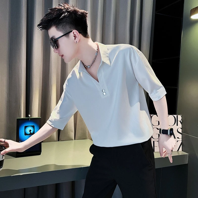 V领短袖男夏季有领T恤潮牌半袖POLO衫2025新款冰丝垂感薄款半截袖