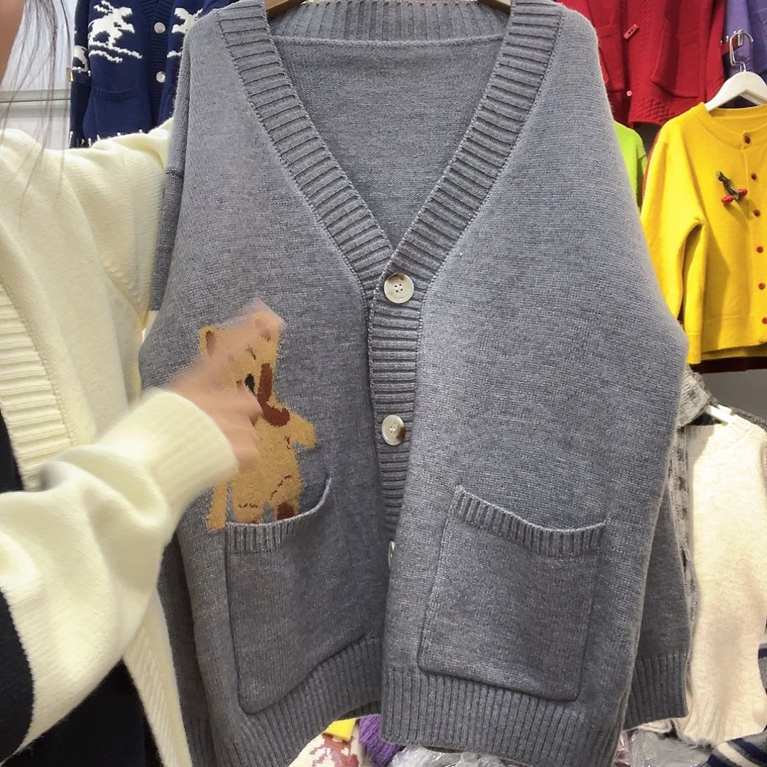 小熊毛衣开衫灰色