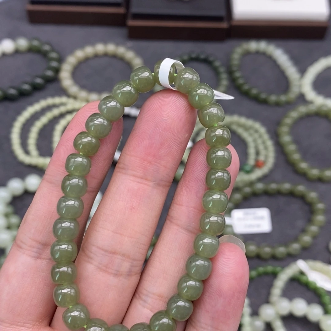 和田玉未镶嵌手链卡7湖水绿老型珠