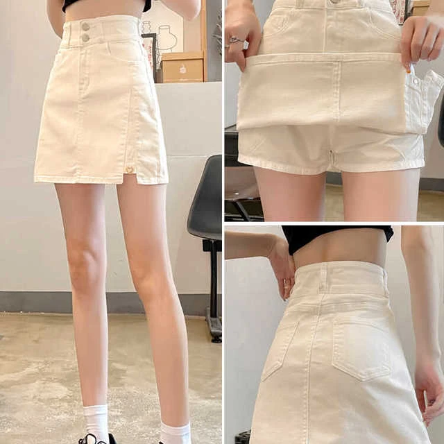 小个子白色双纽扣牛仔短裙女开叉高腰防走光a字包臀裙半身裙子夏