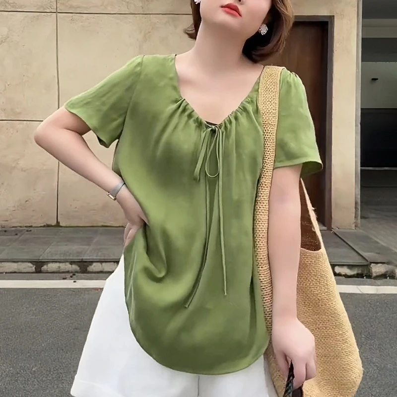 宽松显瘦V领T恤2025夏季新款女士短袖遮肚高级感休闲上衣