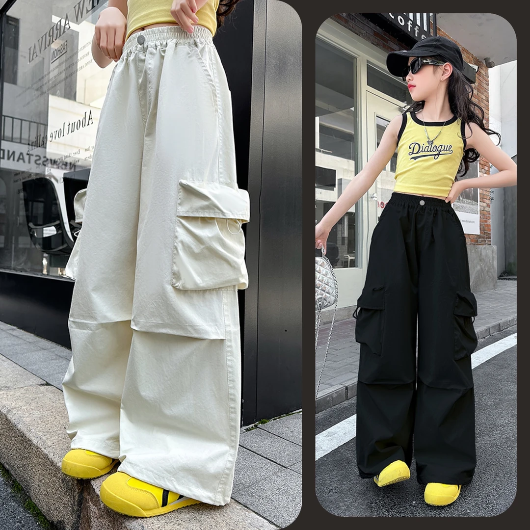 女童夏季时尚大口袋工装裤6~12岁洋气百搭宽松潮流韩版直筒薄款潮