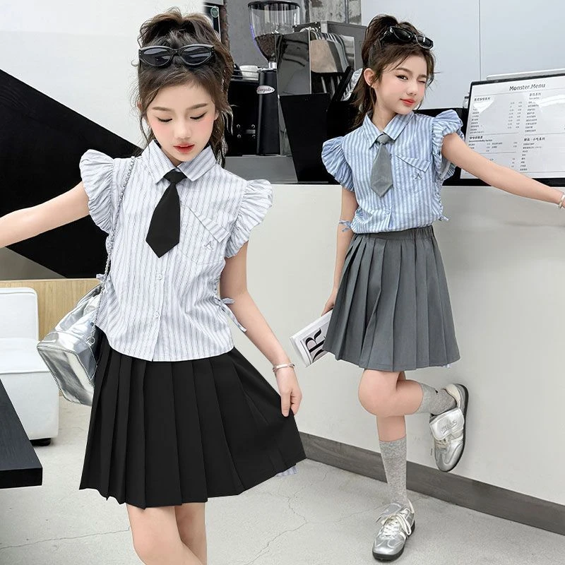 女童条纹套装夏季2025新款洋气中大童学院风POLO衬衫半身裙两件套