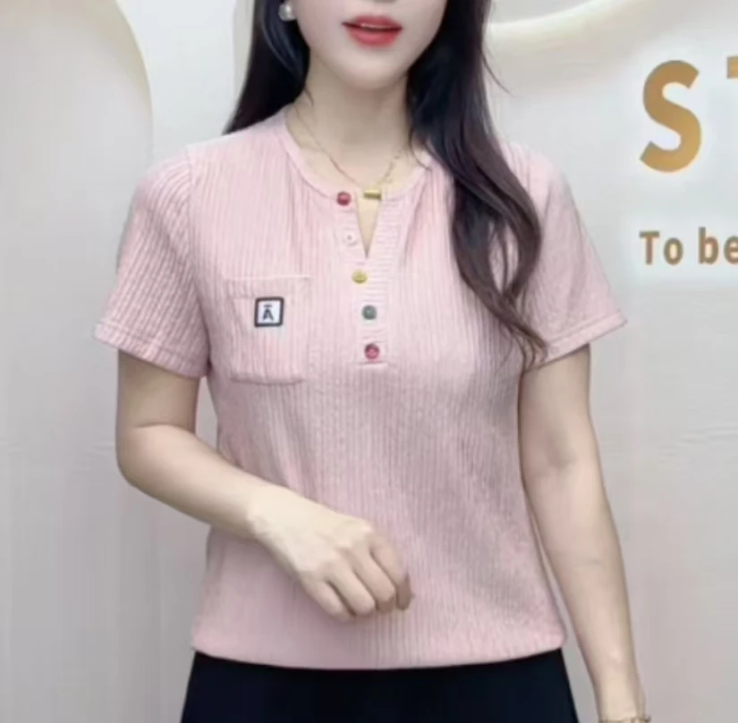 夏季褶皱V领正肩短袖遮肉显瘦百搭T恤减龄洋气女装