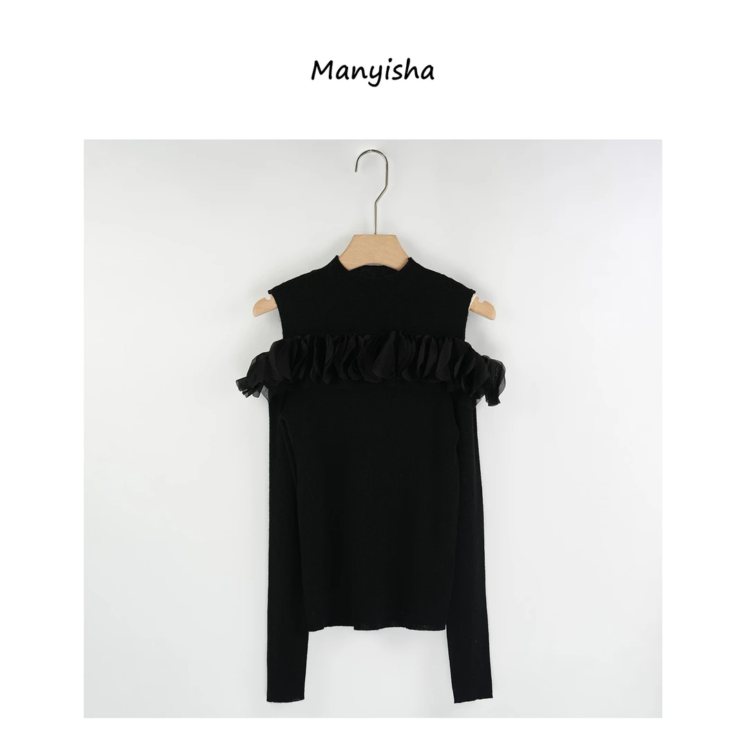 25秋花边露肩修身纯色针织衫长袖打底薄款时尚百搭休闲套头