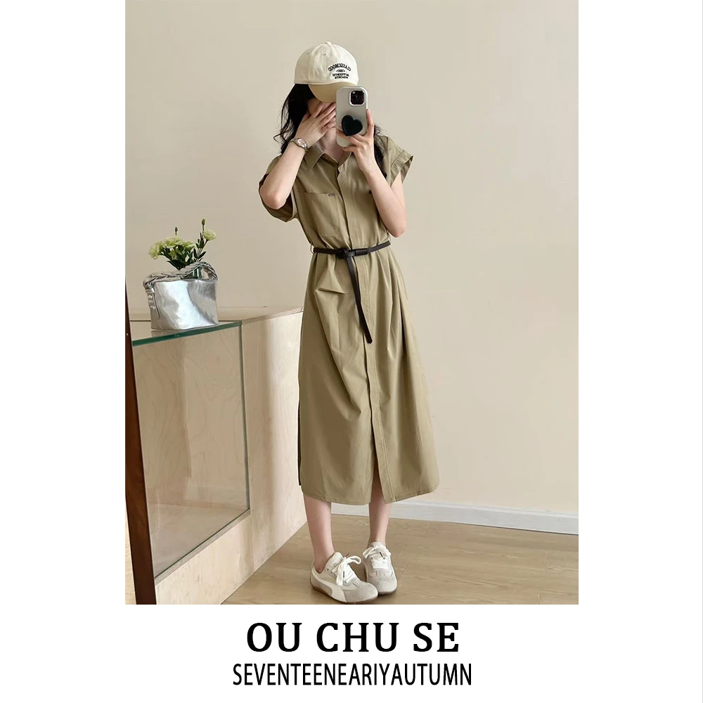 高货~气质极简通勤25夏季新款附腰带衬衫式收腰显瘦连衣裙