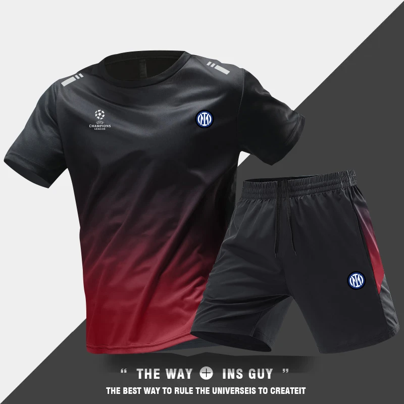 新国米足球速干训练服运动套装男女夏季体育跑步休闲短袖短裤男装