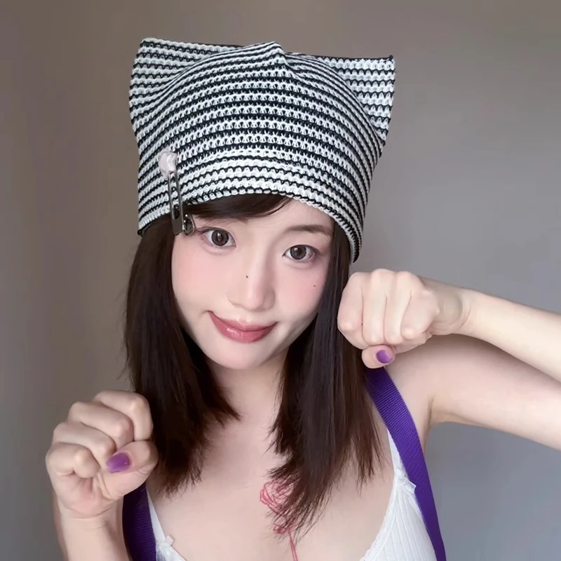 2025新款薄款针织条纹猫耳朵套头月子帽夏季产后八月出院产妇冷帽
