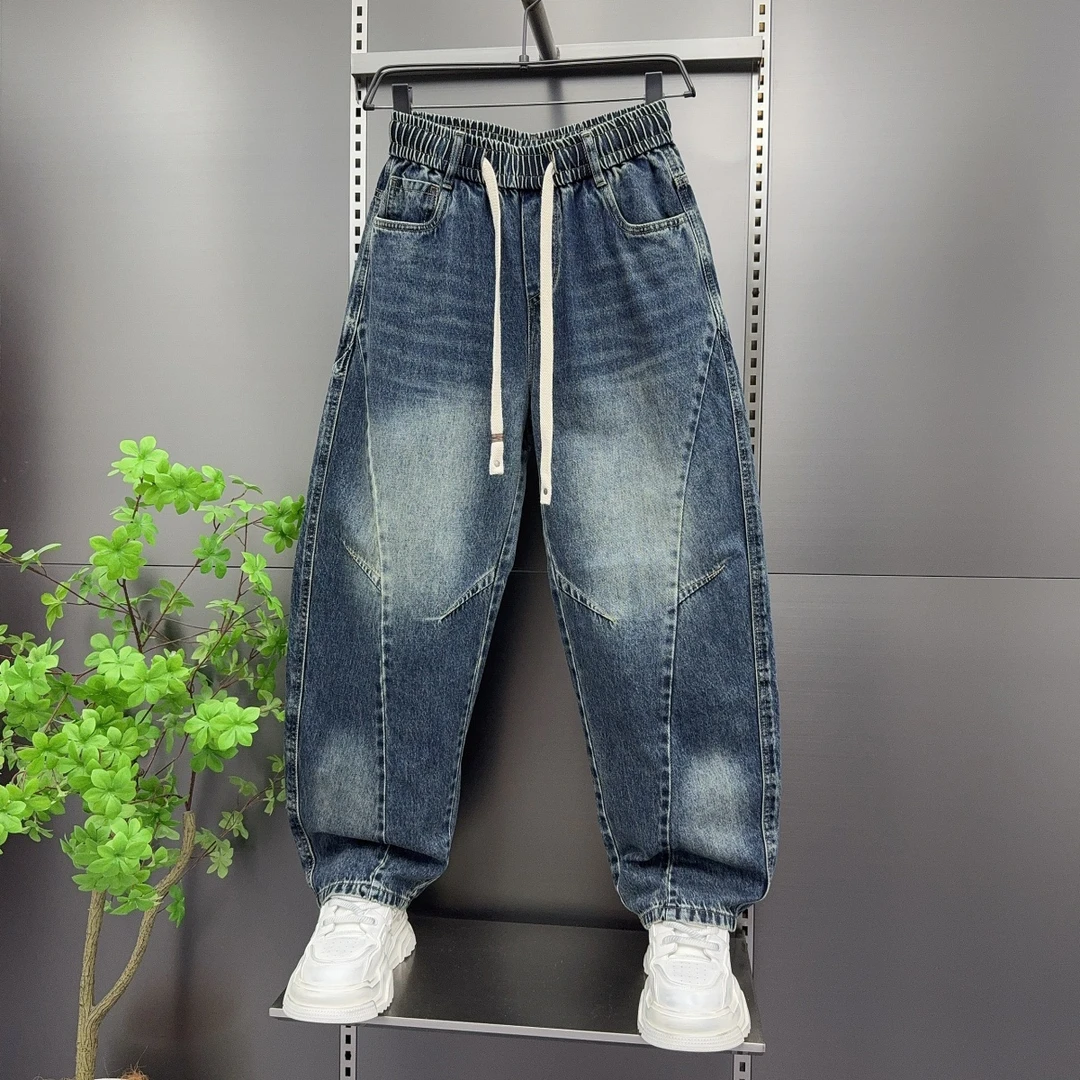 拼接磨白水洗牛仔裤男士时尚休闲长裤秋季新款时尚宽松阔腿直筒裤