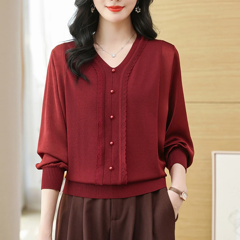 妈妈春装女款2025年新款气质上衣洋气中年V领针织衫春秋季打底衫