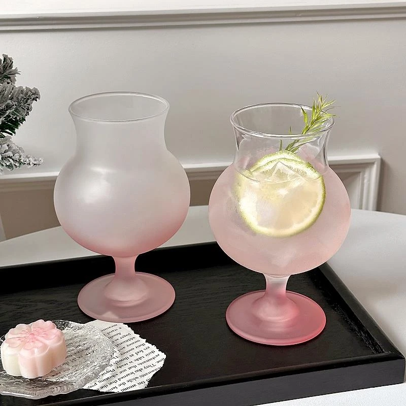 大圣ins风玻璃磨砂鸡尾酒杯家用高脚女高颜值粉色果汁杯气泡水杯