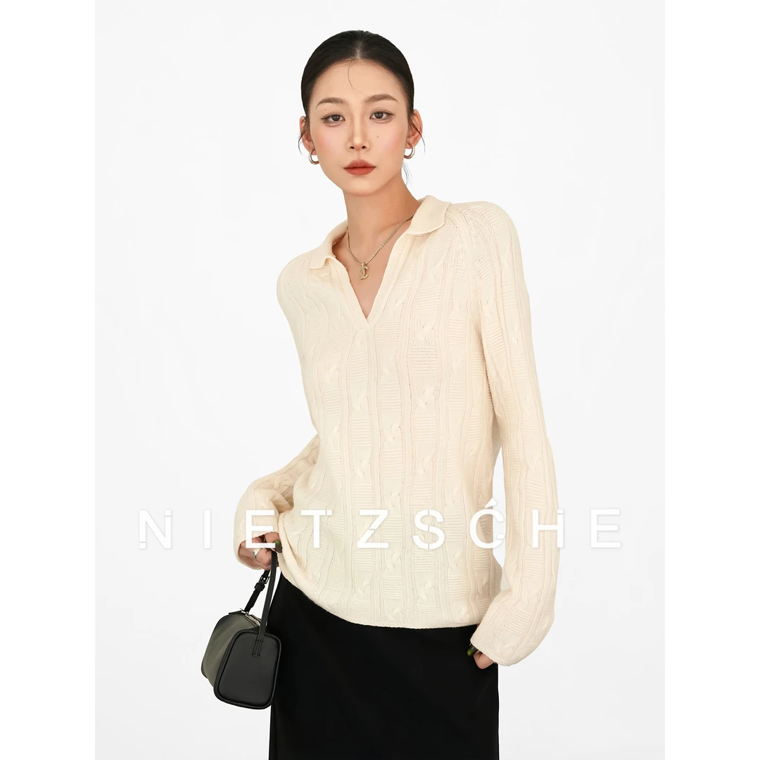 尼采 官方直营｜绞花羊绒衫｜高级感Polo领纯色V领针织毛衣25238