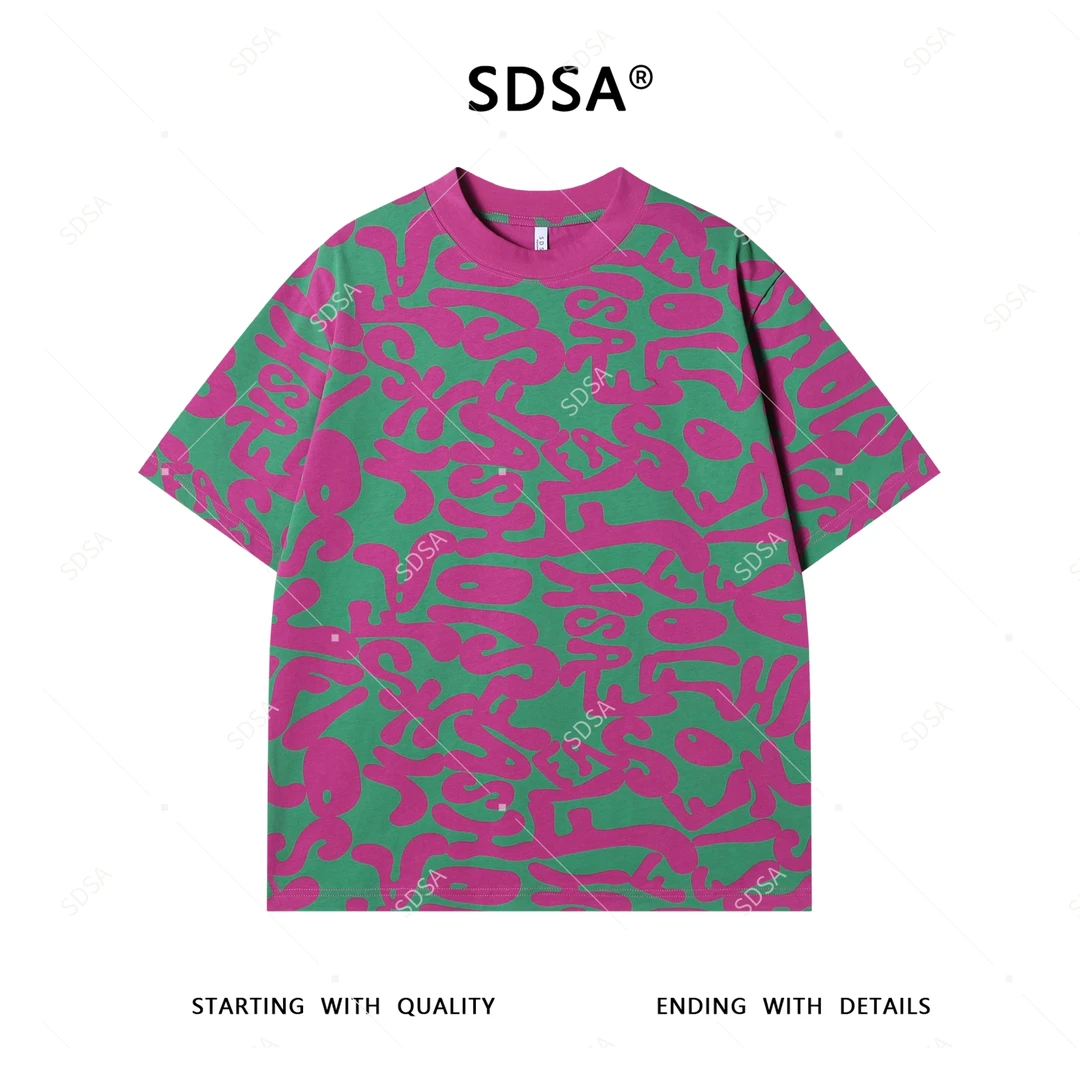 SDSA夏季新款男士痞帅美式撞色抽象字母设计圆领短袖T恤高街上衣