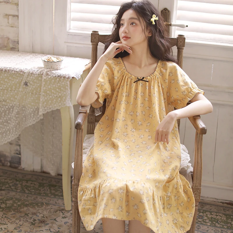 睡衣紫色新款家居夏季短袖蕾丝大码夏天女薄款圆领宽松碎花可外穿