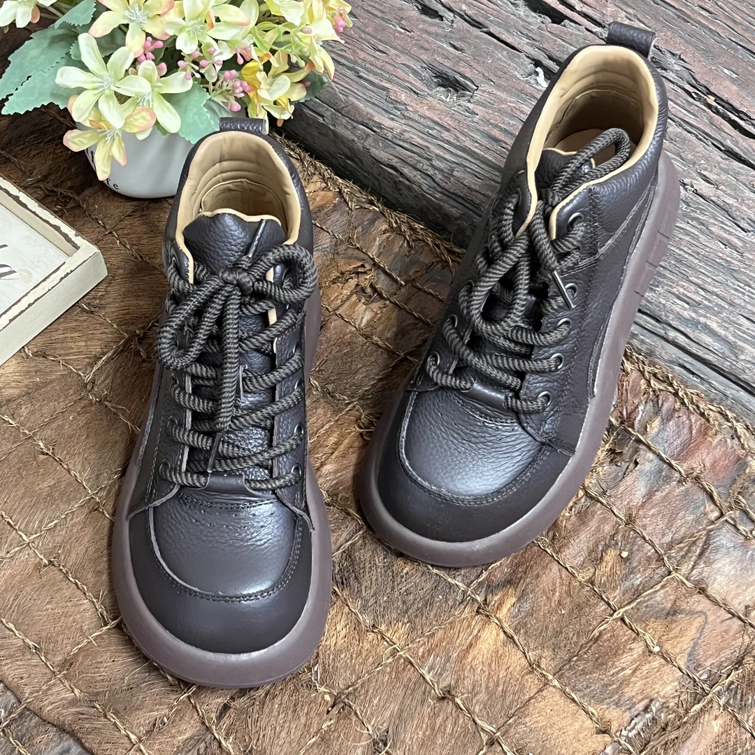 拙手作2025新款头层牛皮高帮系带平底休闲鞋百搭舒适