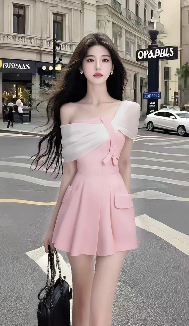 高级感休闲通勤风粉色不规则领型修身收腰连衣裙女时尚显瘦短裙