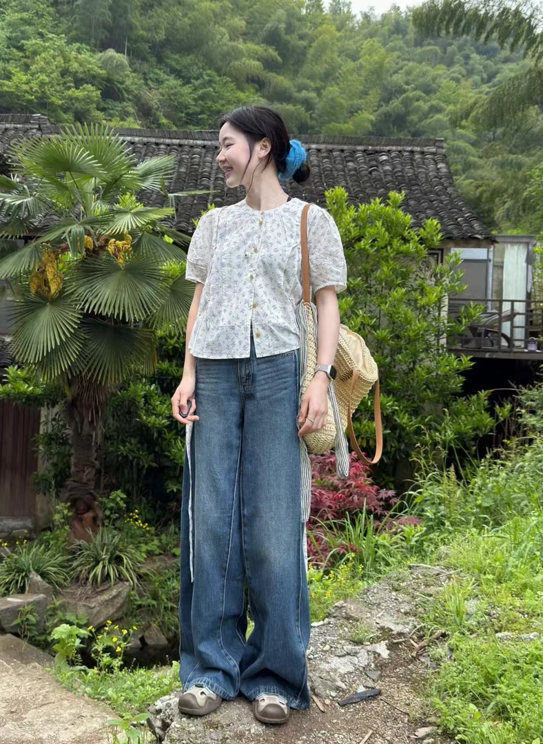 韩系小清新收腰系带碎花衬衫女2025夏新款高腰复古牛仔裤套装