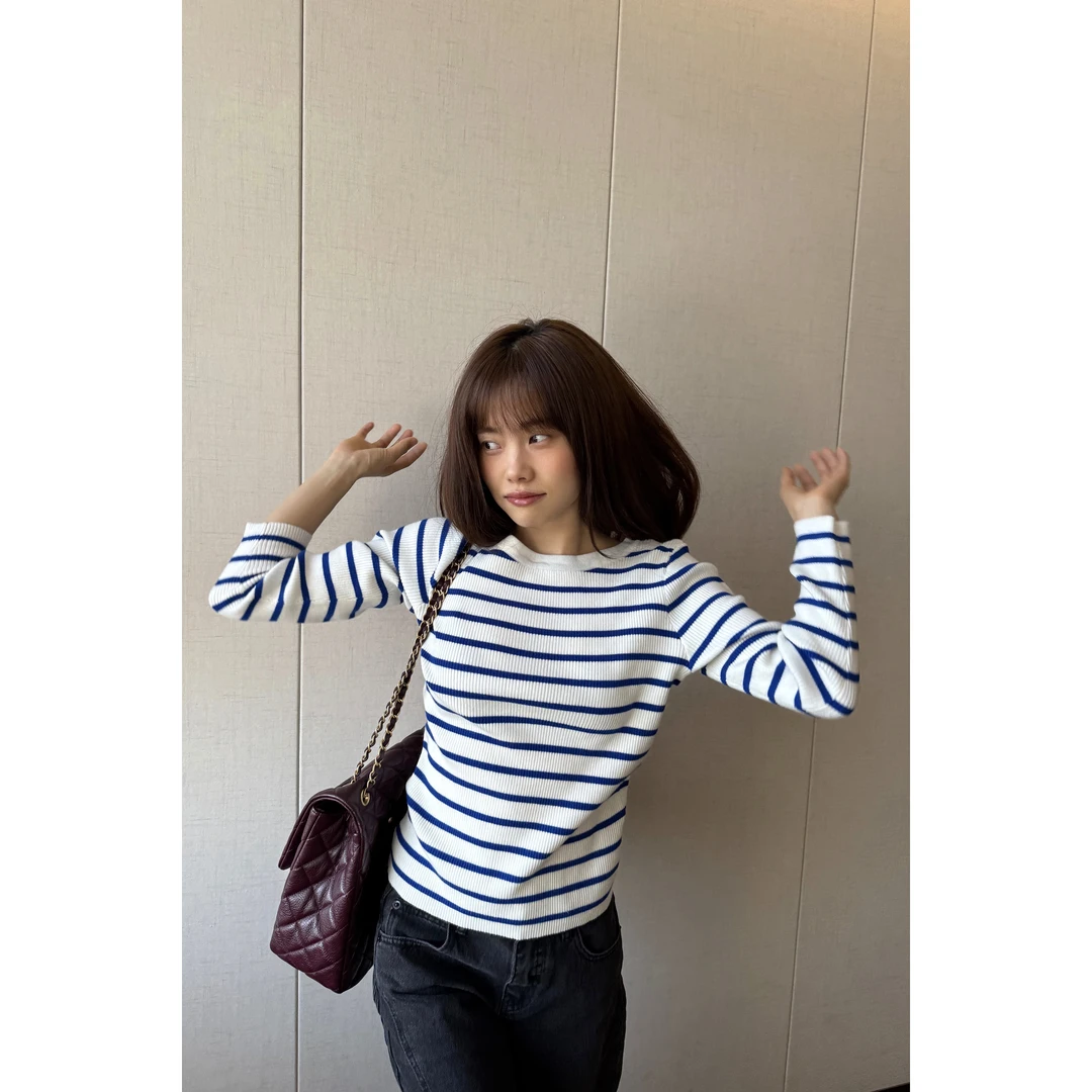 JINGDL【忧愁】5%羊毛舒适休闲百搭圆领套头条纹长袖针织上衣