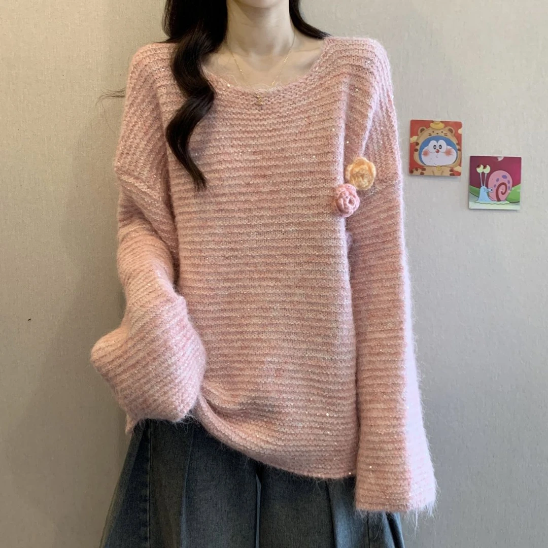 大码女装韩版氛围感重立体花朵毛衣胖妹妹遮肚洋气针织上衣