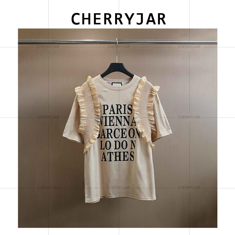 Cherryjar【25182】时尚夏季木耳边点缀短袖字母印花高级百搭T恤