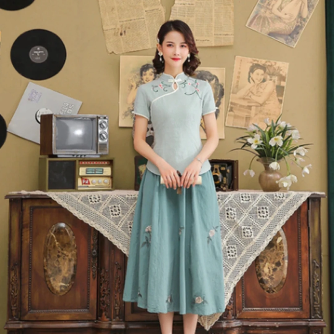 【2299 刺绣桃花 绿色小上衣】显瘦气质修身优雅复古中国风旗袍