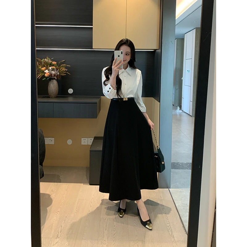 XINYI【优雅新贵】秋季纯棉衬衫+高腰半身裙显瘦套装女X625A14641
