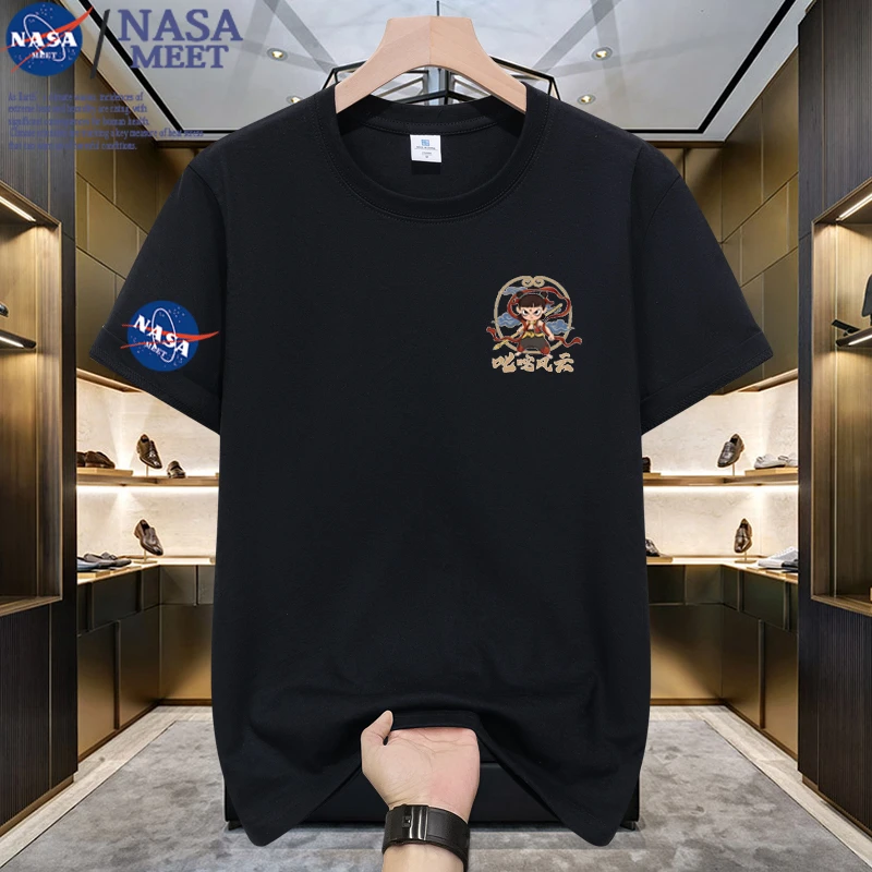 NASA卡通动漫哪吒圆领宽松夏季印花T恤国潮潮流ins韩版半袖男装