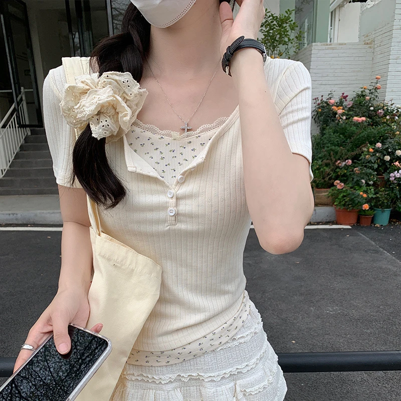 短袖假两件碎花拼接针织上衣女新款设计感通勤潮