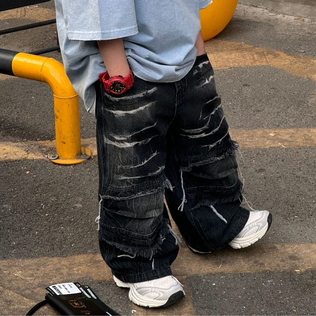 男童破洞牛仔裤2025春季新款男孩街舞裤子儿童美式高街直筒长裤潮
