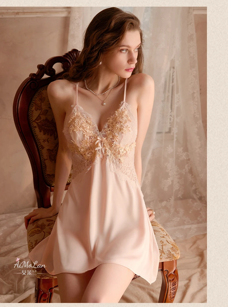 [法式性感睡裙] 带胸垫薄款冰丝蕾丝调情纯欲网红吊带轻奢