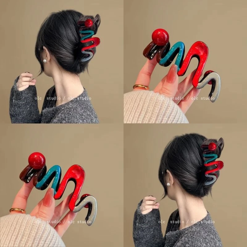 亮色绛红~韩范高级感滴釉波浪珍珠抓夹女新款后脑勺盘发鲨鱼夹秋