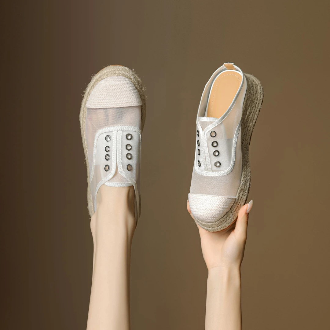 网纱4.5cm跟超轻草编厚底户外运动感专柜新款小众不撞款半拖鞋女