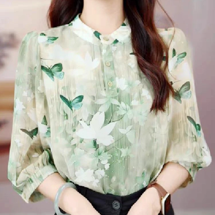 雪纺衬衫女七分袖2025夏季新款V领上衣印花洋气时尚妈妈装遮肚子