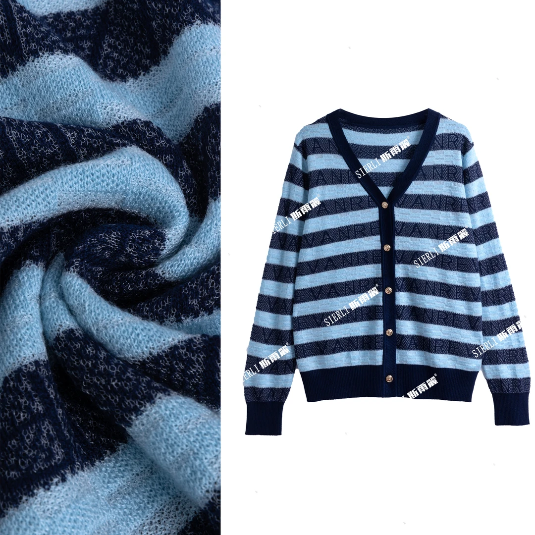 【1093】斯尔丽休闲V领条纹针织外套D42*