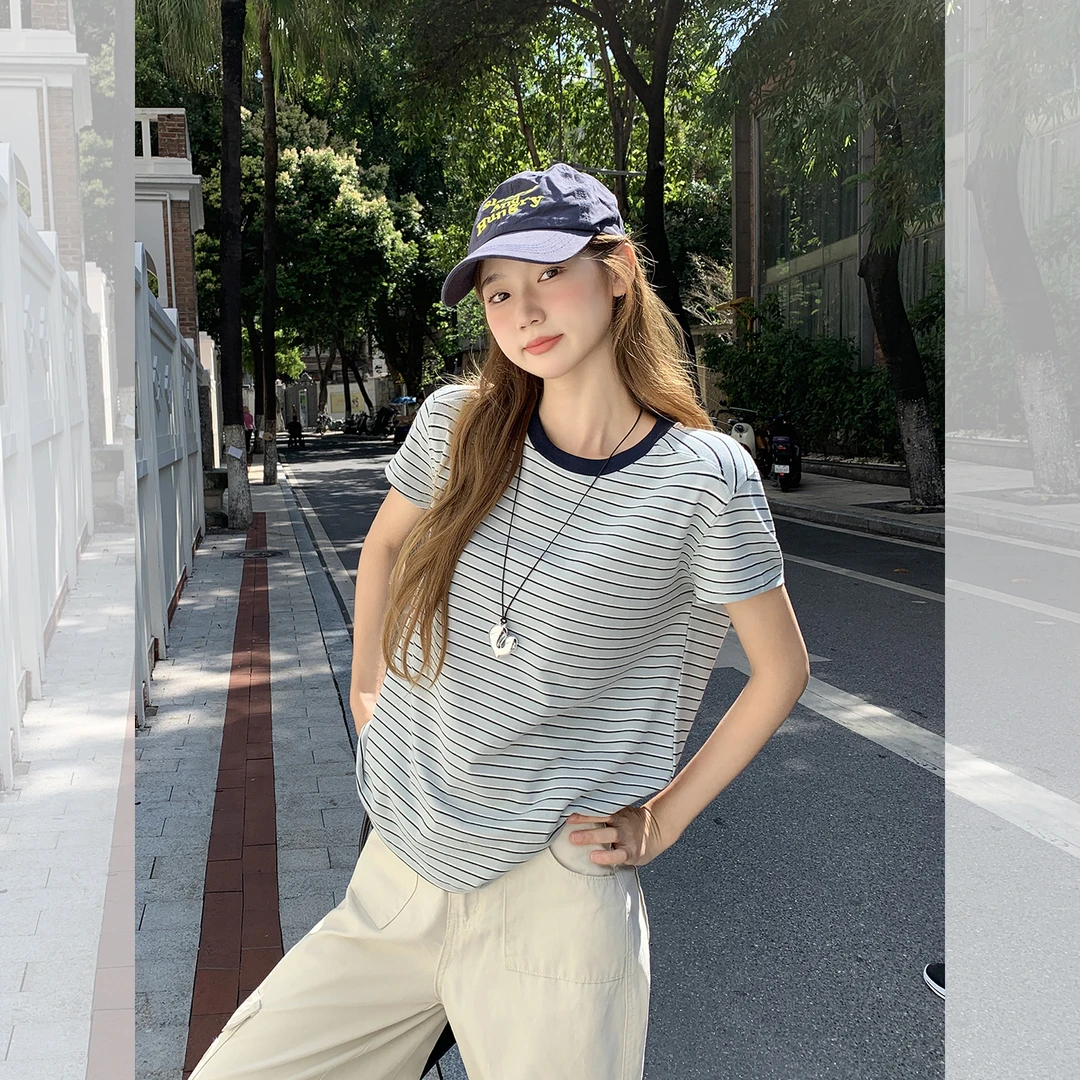 2025夏季新款海盐蓝条纹撞色设计感短袖T恤女简约小上衣